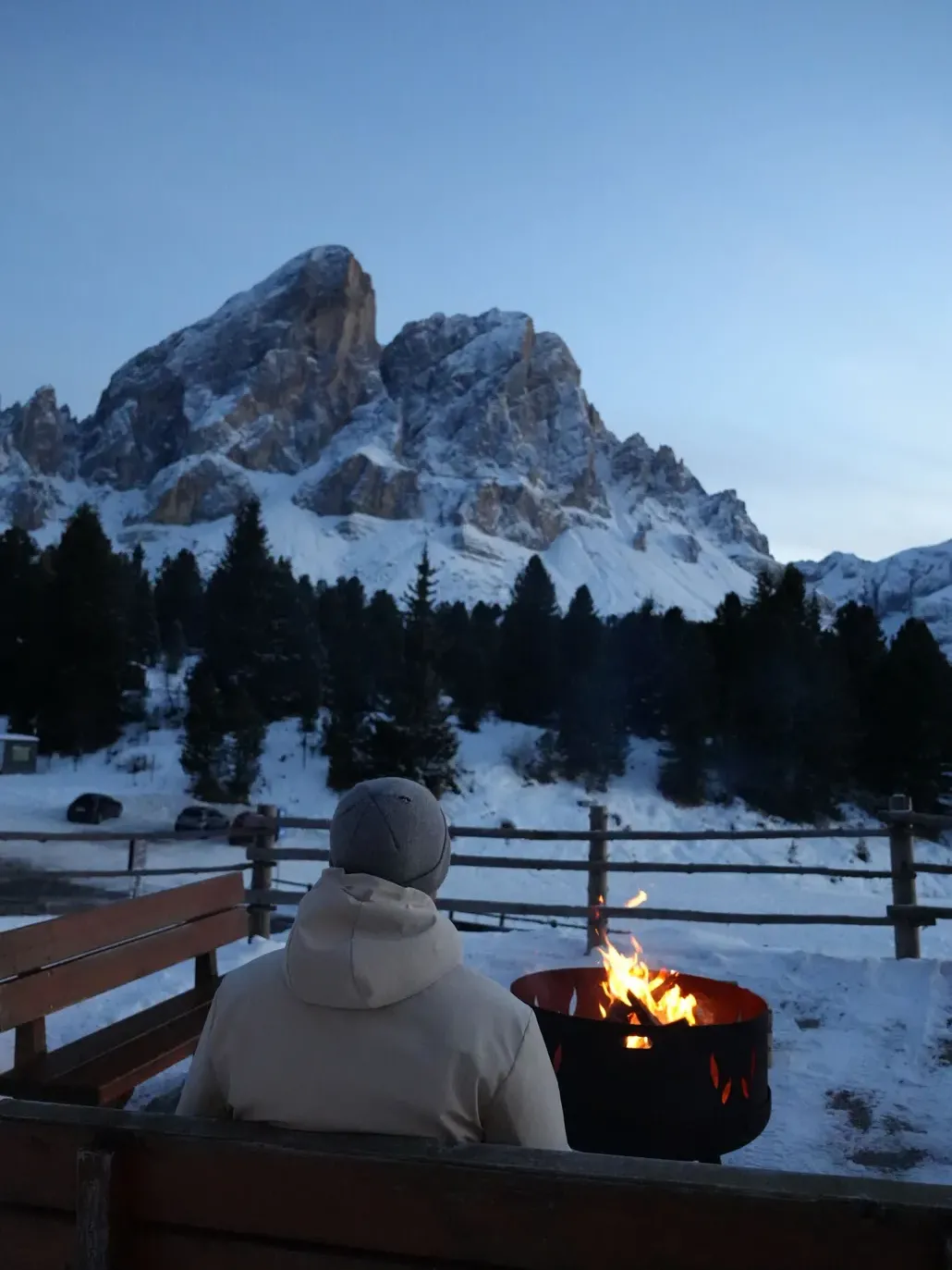 Sunset bonfire beneath Sass de Putia